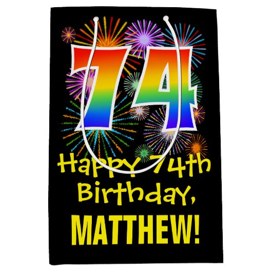 74e verjaardag: Vuurwapenpatroon en regenboog 74 Medium Cadeauzakje (Voorkant)