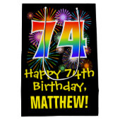 74e verjaardag: Vuurwapenpatroon en regenboog 74 Medium Cadeauzakje (Achterkant)