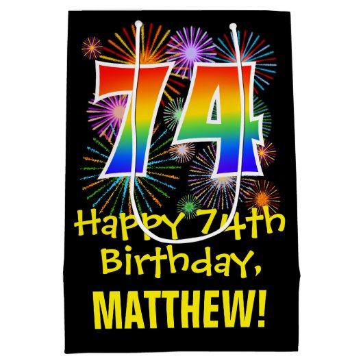 74e verjaardag: Vuurwapenpatroon en regenboog 74 Medium Cadeauzakje (Achterkant)
