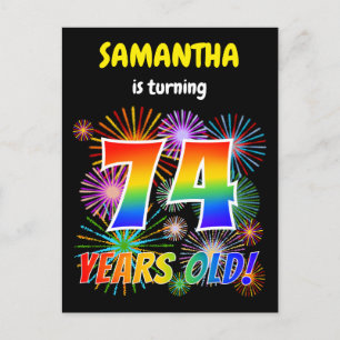 74e verjaardag - vuurwerk, regenboogblik "74" briefkaart