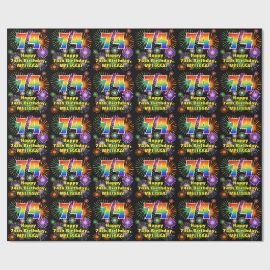 74e verjaardag: vuurwerk, regenboogblik # "74" cadeaupapier (Vlak)
