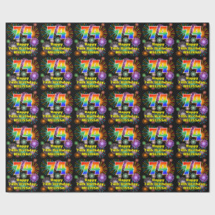 74e verjaardag: vuurwerk, regenboogblik # "74" cadeaupapier