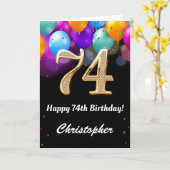 74e verjaardag zwarte en goudkleurige ballonnen kaart (Gele Bloem)