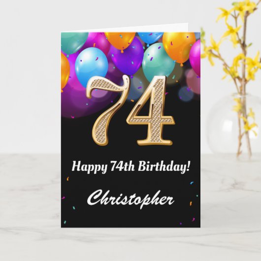74e verjaardag zwarte en goudkleurige ballonnen kaart (Gele Bloem)