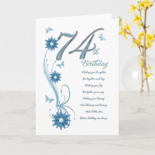 74ste verjaardag in het blauwgroen met bloemen en kaart (Gele Bloem)