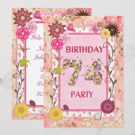 74ste verjaardagsfeestje met bloemenfeest lijst kaart (Voorkant / Achterkant)