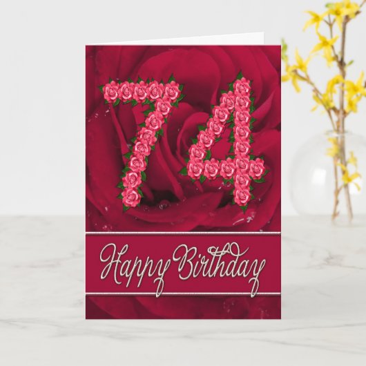 74ste verjaardagskaart met rozen en bladeren kaart (Gele Bloem)