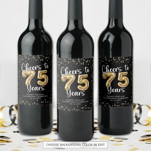 75 jaar Black Gold Confetti Verjaardag Wijn Etiket
