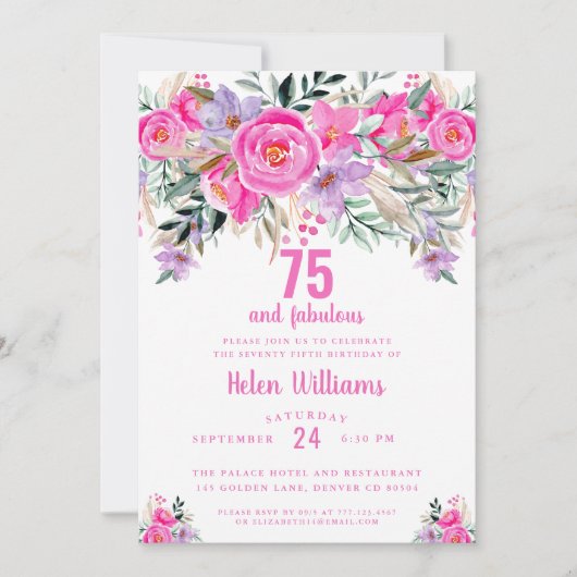 75 jaar en geweldige roze uitnodiging voor 75ste v (Voorkant)