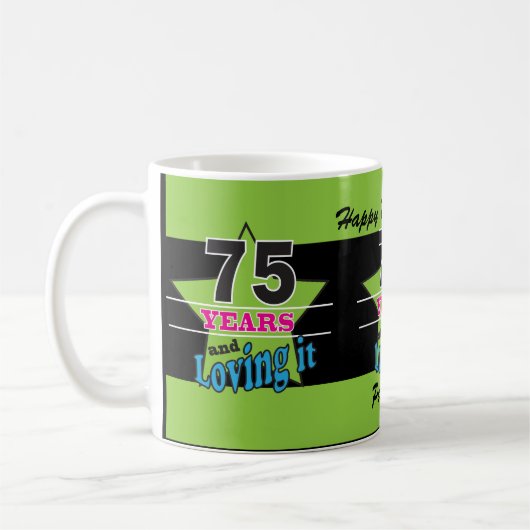 75 jaar en liefhebbend koffiemok (Links)