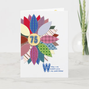 75 jaar oud, gestikte bloem verjaardag kaart