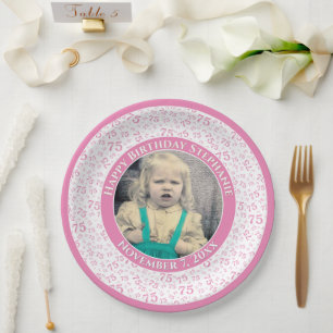 75 Uw foto Willekeurige nummerpatroon Roze/Wit Papieren Bordje