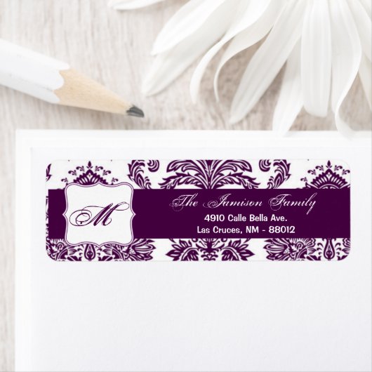 .75 "x2.25" Retouradreslabel Plum Paarse Damask Etiket (Insitu)