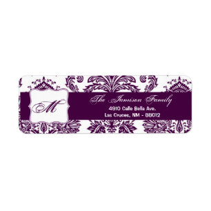 .75 "x2.25" Retouradreslabel Plum Paarse Damask Etiket