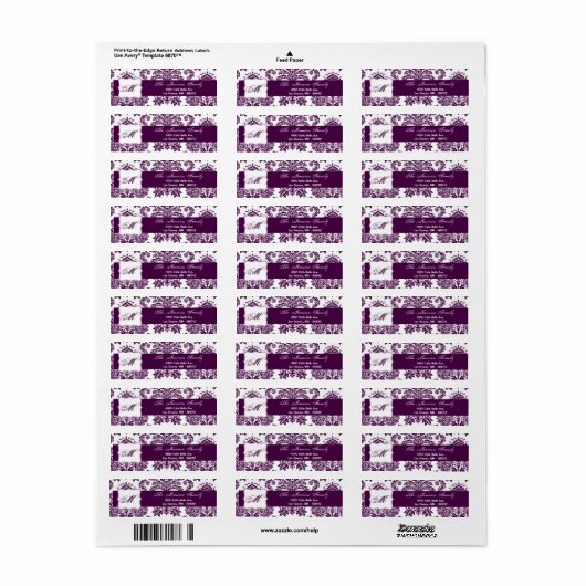 .75 "x2.25" Retouradreslabel Plum Paarse Damask Etiket (Full Sheet)