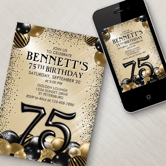 75e ballonnen zwart goud verjaardag kaart
