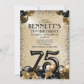 75e ballonnen zwart goud verjaardag kaart (Voorkant)