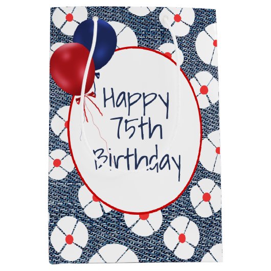 75e Birthday-ballonnen op Floral Denim Medium Cadeauzakje (Voorkant)