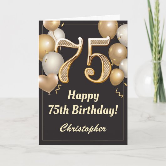 75e Birthday Black en Gold Balloons Confetti Kaart (Voorkant)