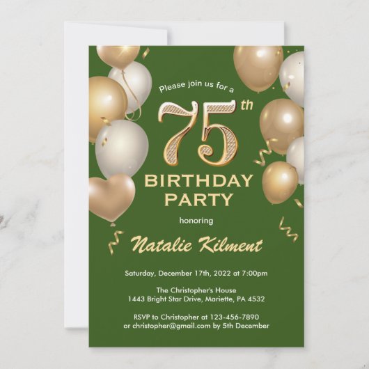 75e Birthday Green en Gold Glitter Balloons Kaart (Voorkant)