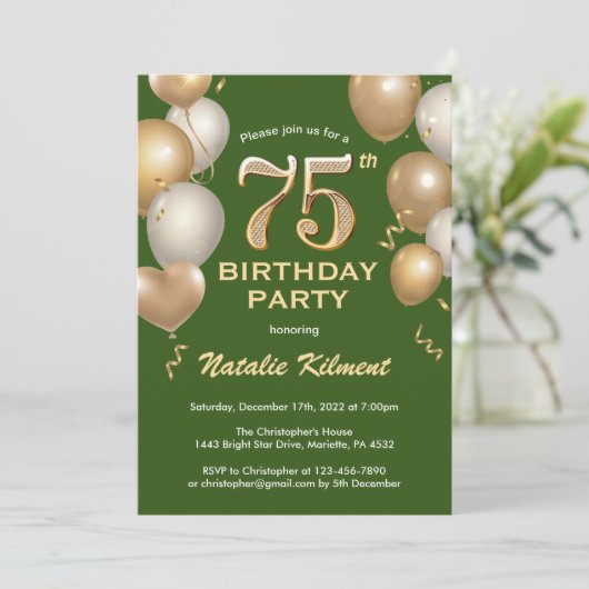 75e Birthday Green en Gold Glitter Balloons Kaart (Staand voorkant)