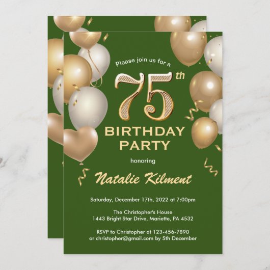 75e Birthday Green en Gold Glitter Balloons Kaart (Voorkant / Achterkant)