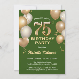 75e Birthday Green en Gold Glitter Balloons Kaart
