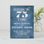 75e Birthday Invitation Blue Linen Rustic Cheers Kaart (Staand voorkant)