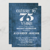 75e Birthday Invitation Blue Linen Rustic Cheers Kaart (Voorkant / Achterkant)