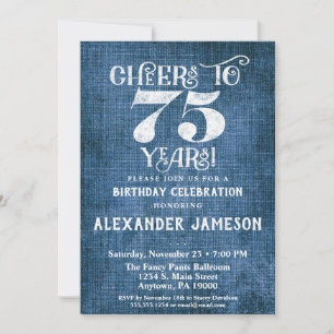75e Birthday Invitation Blue Linen Rustic Cheers Kaart