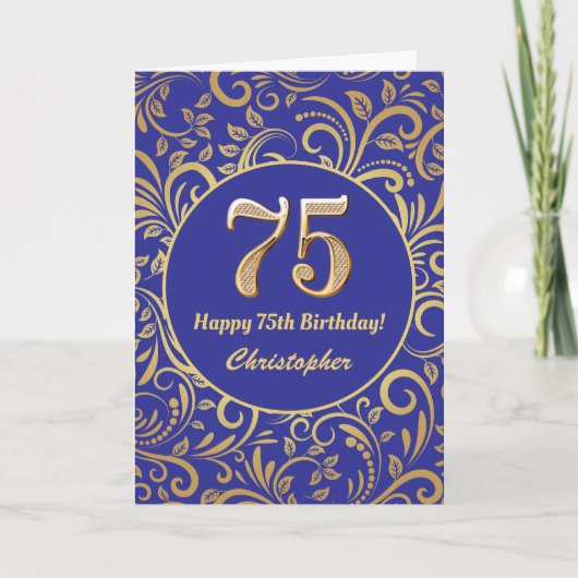 75e Birthday Navy Blue en Gold Floral Pattern Kaart (Voorkant)