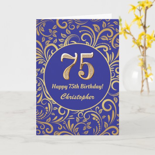 75e Birthday Navy Blue en Gold Floral Pattern Kaart (Gele Bloem)