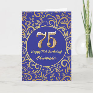 75e Birthday Navy Blue en Gold Floral Pattern Kaart
