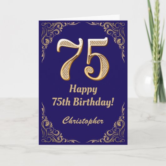75e Birthday Navy Blue en Gold Glitter Lijst Kaart (Voorkant)