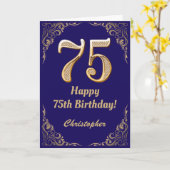 75e Birthday Navy Blue en Gold Glitter Lijst Kaart (Gele Bloem)