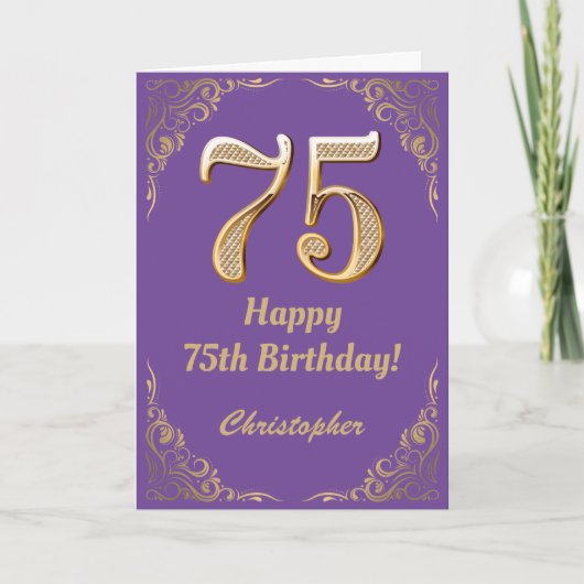 75e Birthday Paars en Gold Glitter Lijst Kaart (Voorkant)