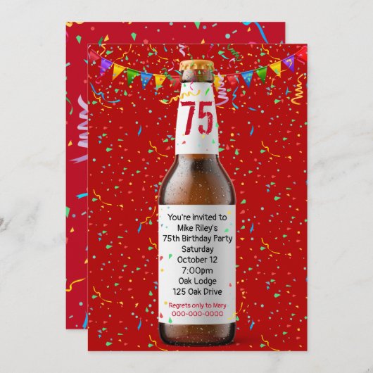 75e Birthday Party Beer Bottle Invitation Kaart (Voorkant / Achterkant)