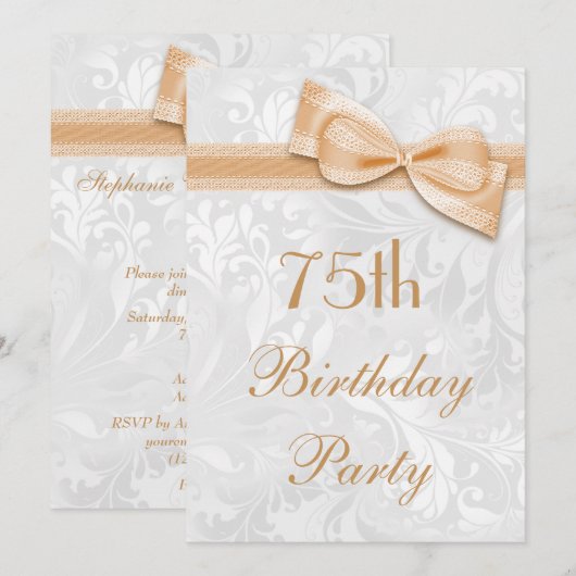 75e Birthday Party Damask en Faux Bow Kaart (Voorkant / Achterkant)
