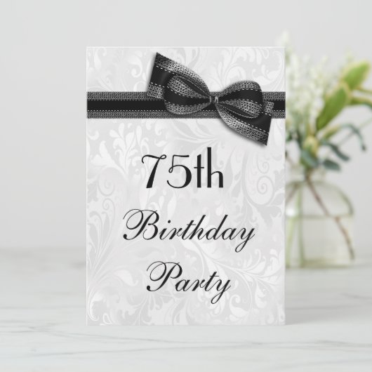 75e Birthday Party Damask en Faux Bow Kaart (Staand voorkant)