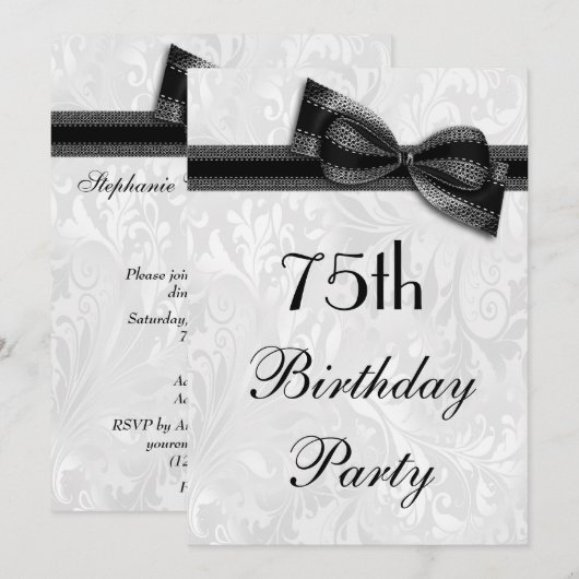 75e Birthday Party Damask en Faux Bow Kaart (Voorkant / Achterkant)