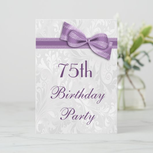 75e Birthday Party Damask en Faux Bow Kaart (Staand voorkant)