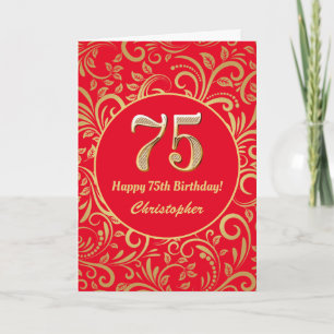 75e Birthday Red en Gold Floral Pattern Kaart