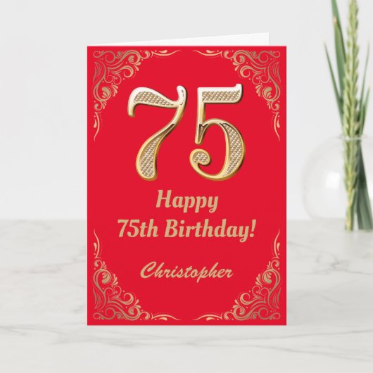 75e Birthday Red en Gold Glitter Lijst Kaart (Voorkant)