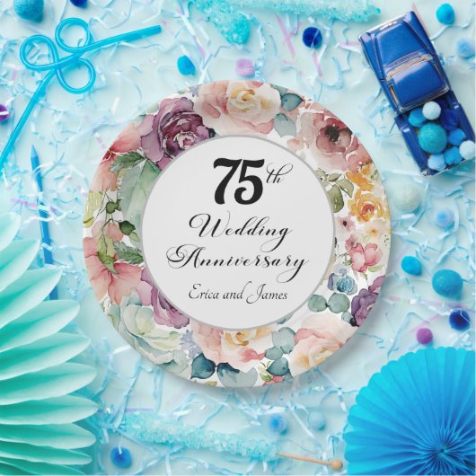 75e bruiloft Jubileum Elegant Script Floral Papieren Bordje (Feest)