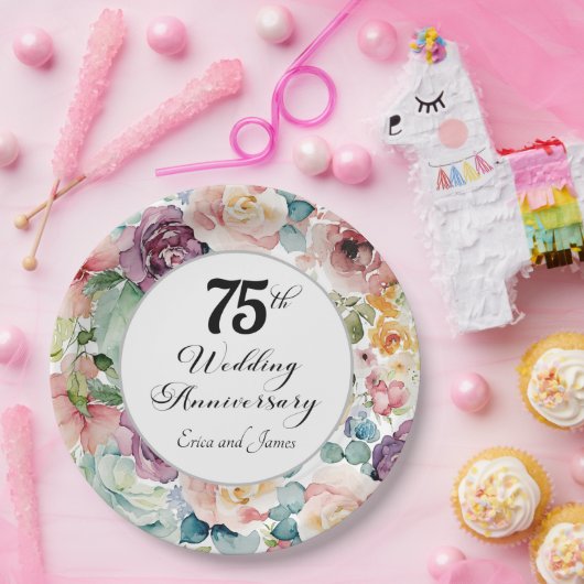 75e bruiloft Jubileum Elegant Script Floral Papieren Bordje (Feest)