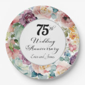 75e bruiloft Jubileum Elegant Script Floral Papieren Bordje (Voorkant)