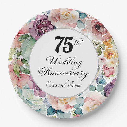 75e bruiloft Jubileum Elegant Script Floral Papieren Bordje (Voorkant)