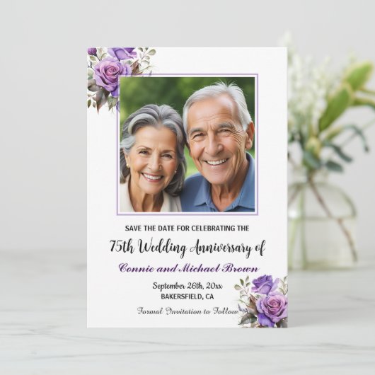 75e bruiloft Jubileum Paarse Rozen Foto Save The Date (Staand voorkant)
