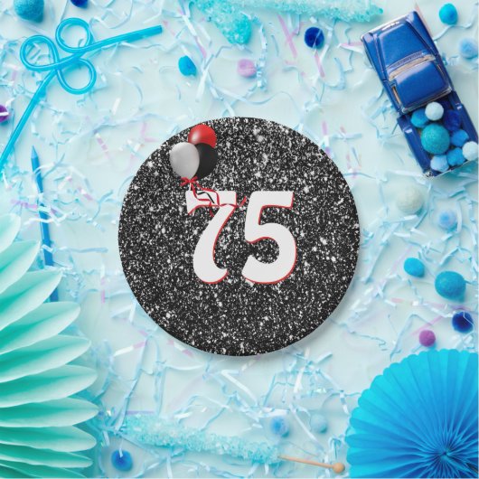 75e geboortedag ballonnen op zwarte glitter papieren bordje (Feest)