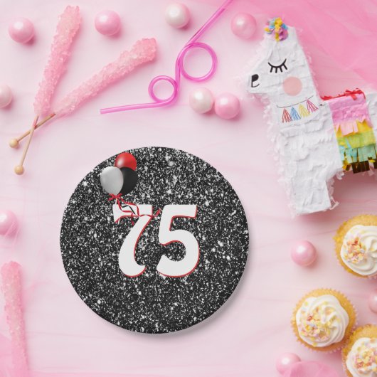 75e geboortedag ballonnen op zwarte glitter papieren bordje (Feest)